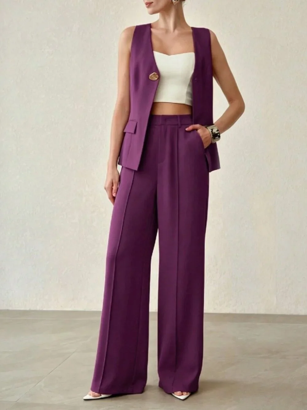 Plum Purple V-Neck Vest & Wide Leg Pants Set